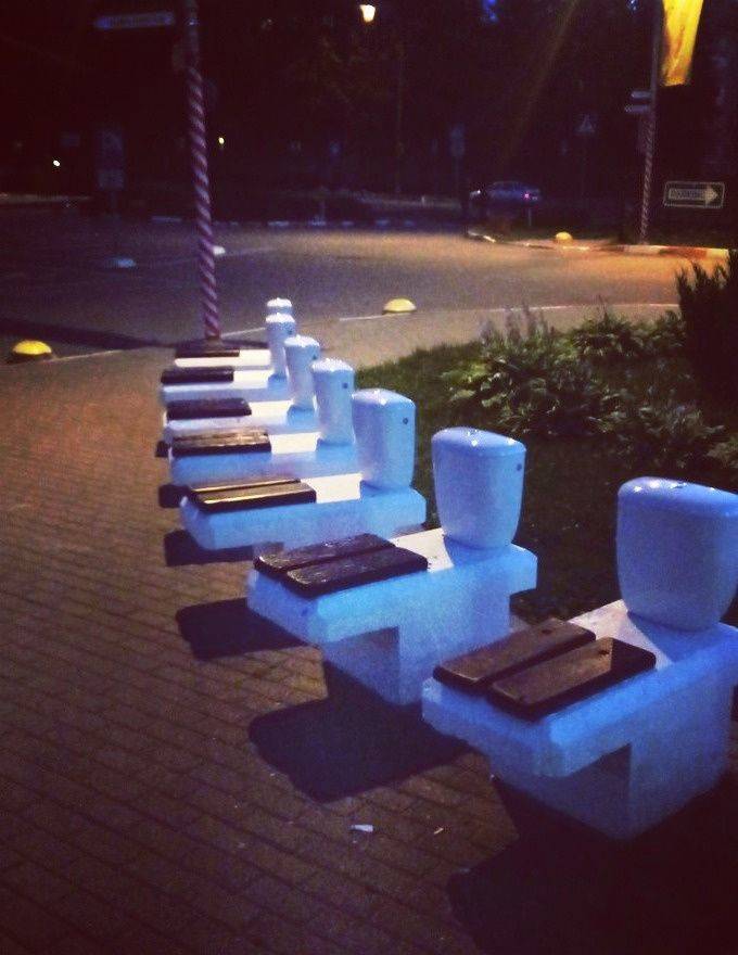 light and toilet bowl themed park benches