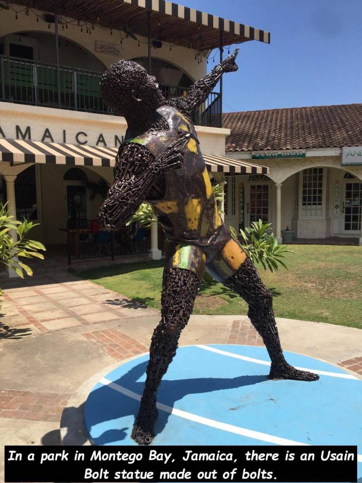 statue - Maican Opean on An In a park in Montego Bay, Jamaica, there is an Usain Bolt statue made out of bolts.
