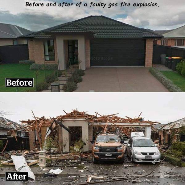 christchurch explosion - Before and after of a faulty gas fire explosion. Before After