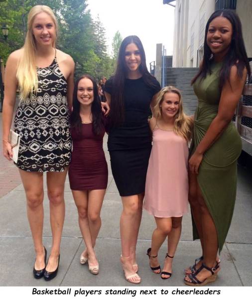 basketball player and cheerleader height difference - Basketball players standing next to cheerleaders