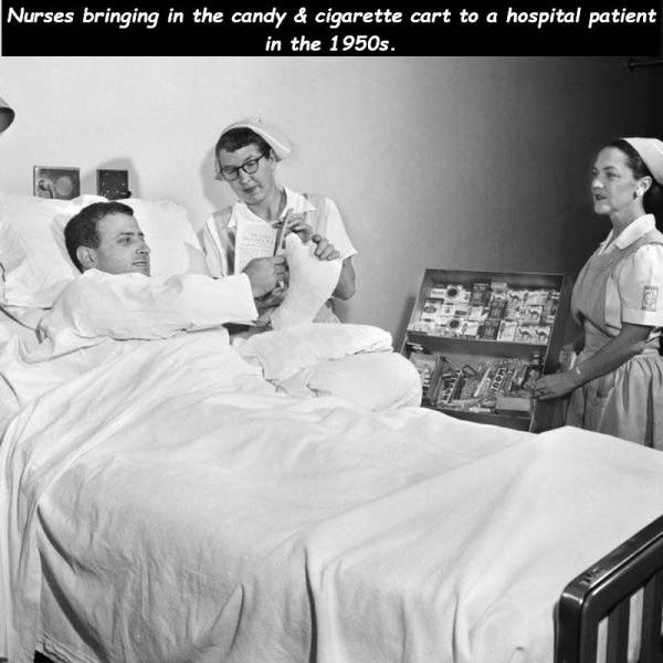 hospital cigarettes - Nurses bringing in the candy & cigarette cart to a hospital patient in the 1950s.