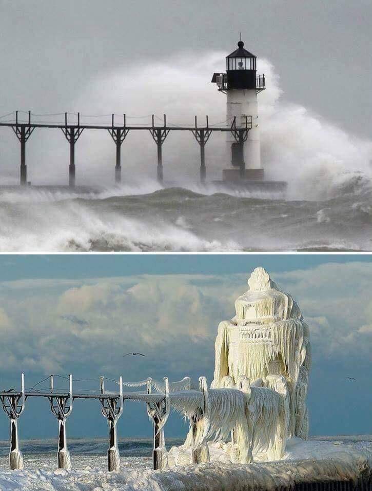 michigan lighthouse before and after winter storm
