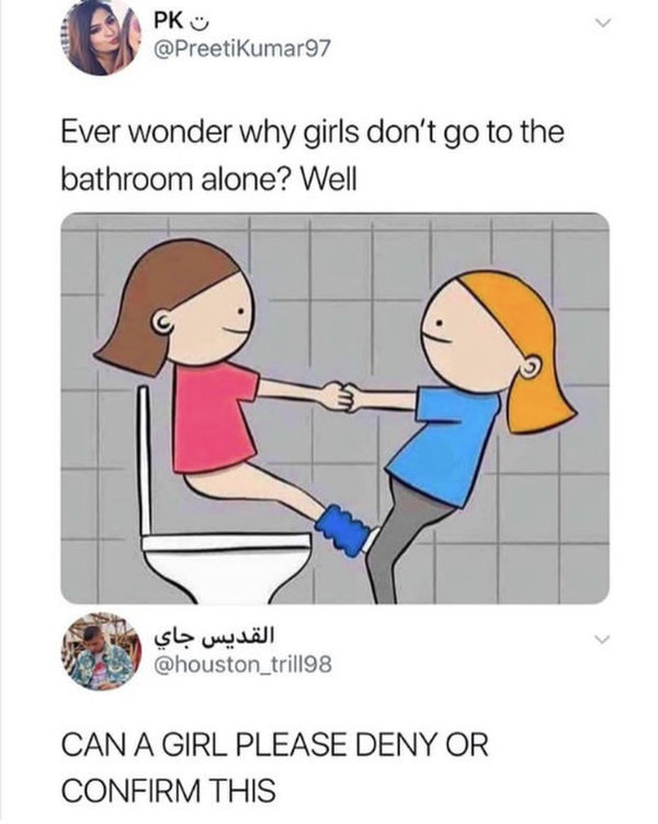 girls bathroom meme - Pk Ever wonder why girls don't go to the bathroom alone? Well Can A Girl Please Deny Or Confirm This