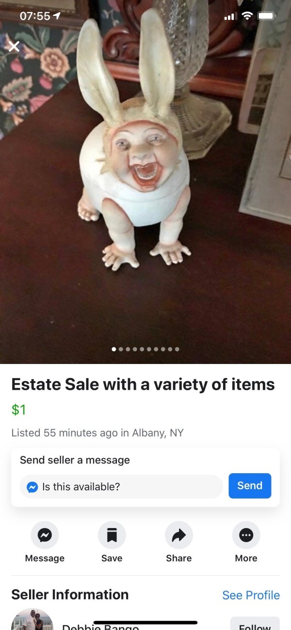 bunny screaming - 1 Estate Sale with a variety of items $1 Listed 55 minutes ago in Albany, Ny Send seller a message Is this available? Send Message Save More Seller Information See Profile Dobbio Rango