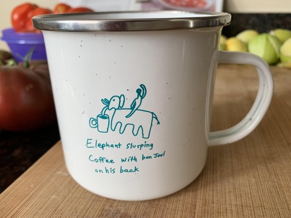 mug - Elephant slurping Coffee with bon Jovi on his back