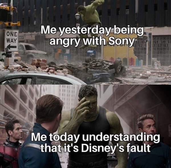 Marvel Cinematic Universe - One Way Me yesterday being angry with Sony Me today understanding that it's Disney's fault