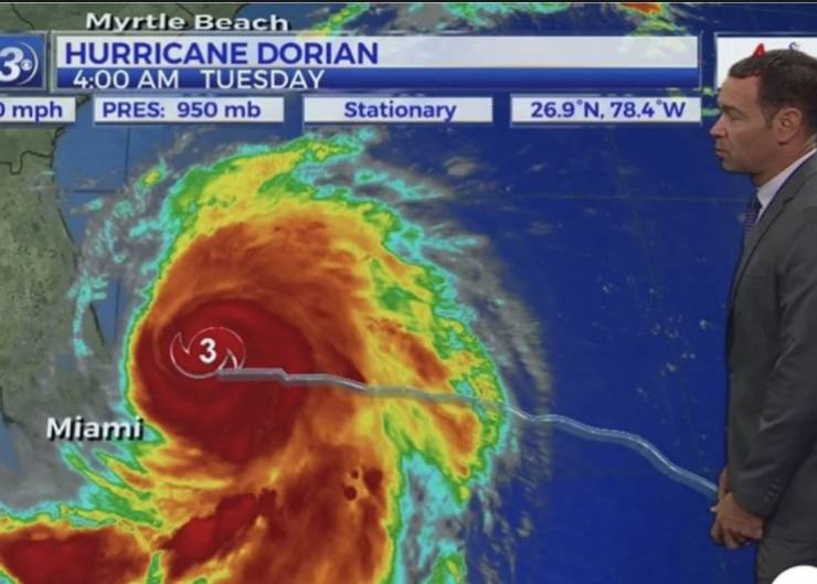 tropical cyclone - Myrtle Beach Hurricane Dorian Tuesday mph Pres 950 mb Stationary 2 6.9N, 78.4'w Miami