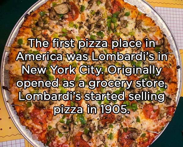 pizza - The first pizza place in, America was Lombardi's in New York City. Originally opened as a grocery store, Lombardi's started selling pizza in 1905.