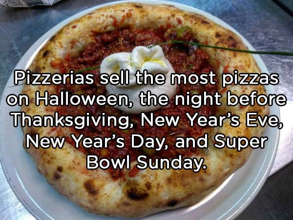 pizza - Pizzerias sell the most pizzas on Halloween, the night before Thanksgiving, New Year's Eve, New Year's Day, and Super Bowl Sunday