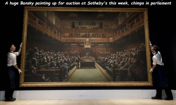 banksy parliament - A huge Bansky painting up for auction at Sotheby's this week, chimps in parliament