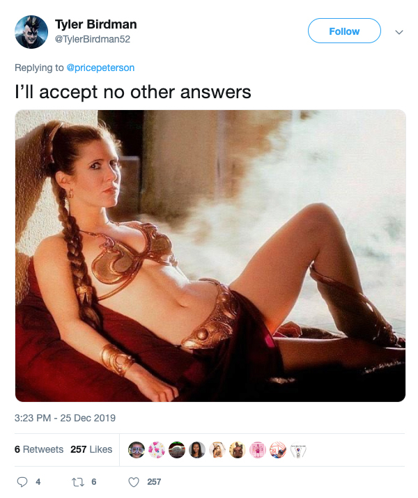 carrie fisher slave leia - Tyler Birdman Birdman52 I'll accept no other answers 6 257 O Q ? 4 26 257