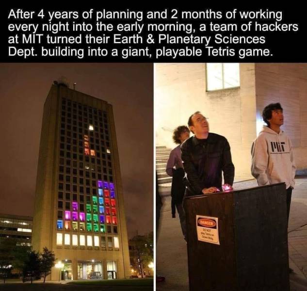 tetris art - After 4 years of planning and 2 months of working every night into the early morning, a team of hackers at Mit turned their Earth & Planetary Sciences Dept. building into a giant, playable Tetris game. Danger