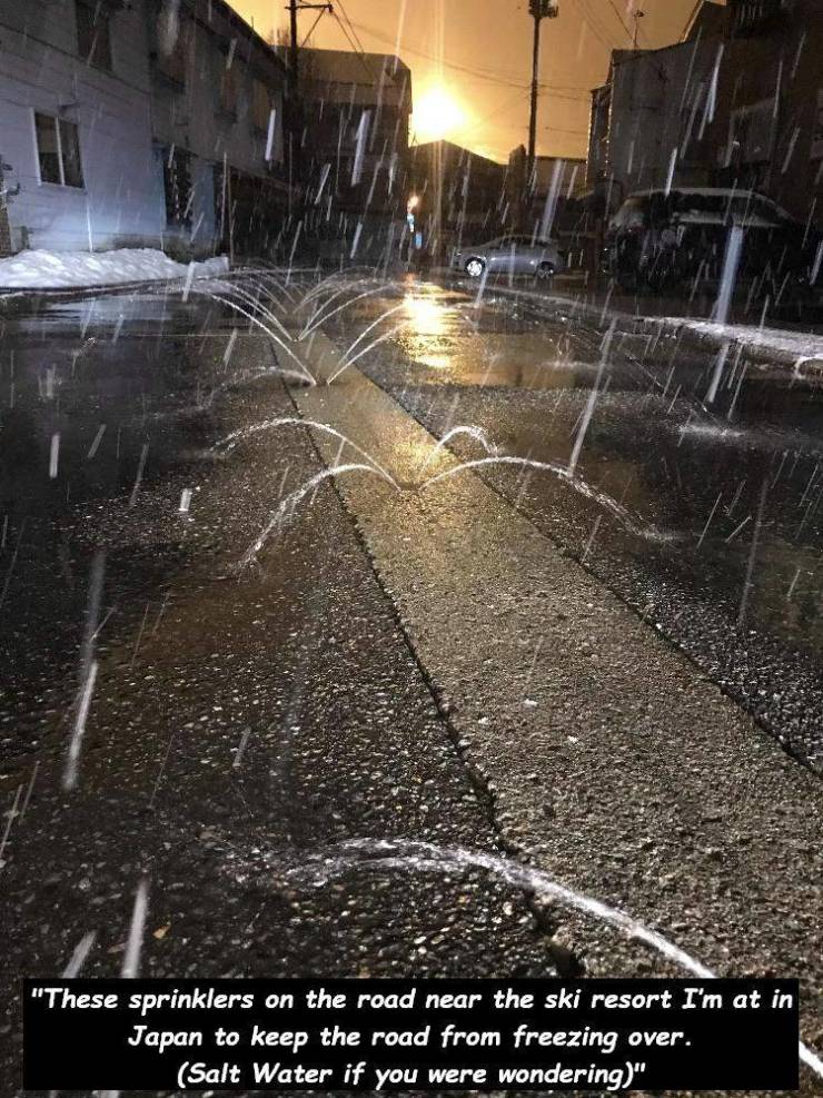 asphalt - "These sprinklers on the road near the ski resort I'm at in Japan to keep the road from freezing over. Salt Water if you were wondering"