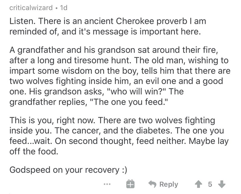 document - criticalwizard 1d Listen. There is an ancient Cherokee proverb I am reminded of, and it's message is important here. A grandfather and his grandson sat around their fire, after a long and tiresome hunt. The old man, wishing to impart some wisdo