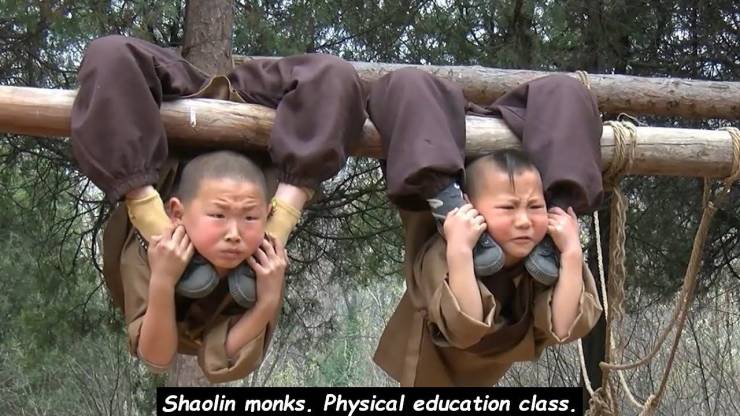Shaolin monks. Physical education class.
