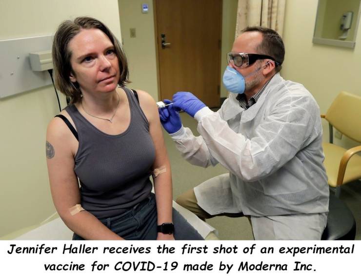 Coronavirus - Jennifer Haller receives the first shot of an experimental vaccine for Covid19 made by Moderna Inc.