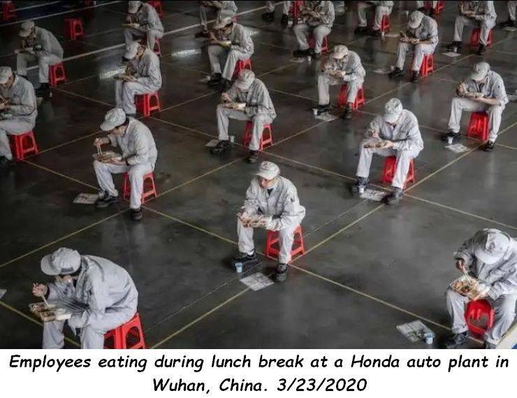 sport venue - Employees eating during lunch break at a Honda auto plant in Wuhan, China. 3232020