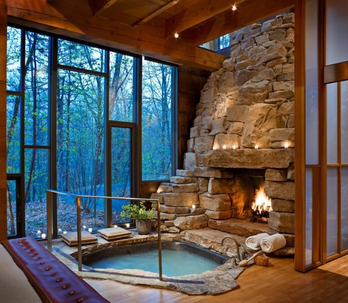 hot tub and fireplace