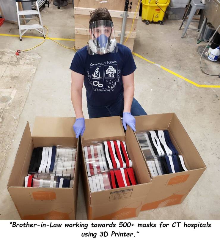 table - Connecticut Science Borg & Engineering F "BrotherinLaw working towards 500 masks for Ct hospitals using 3D Printer."
