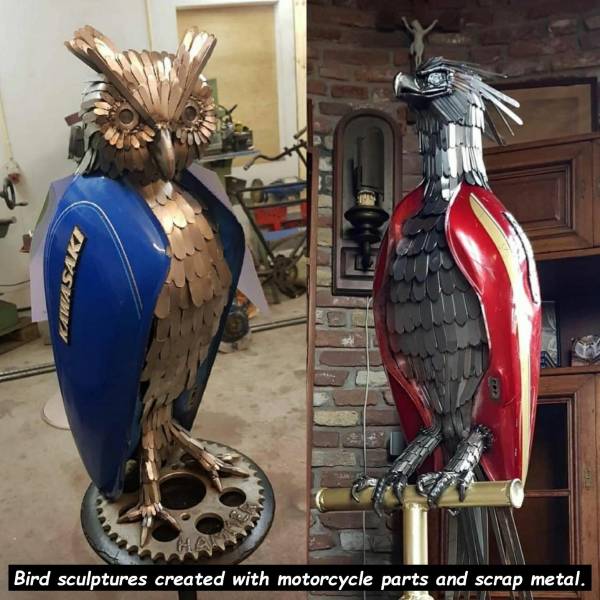 Bird sculptures created with motorcycle Parts and scrap metal.