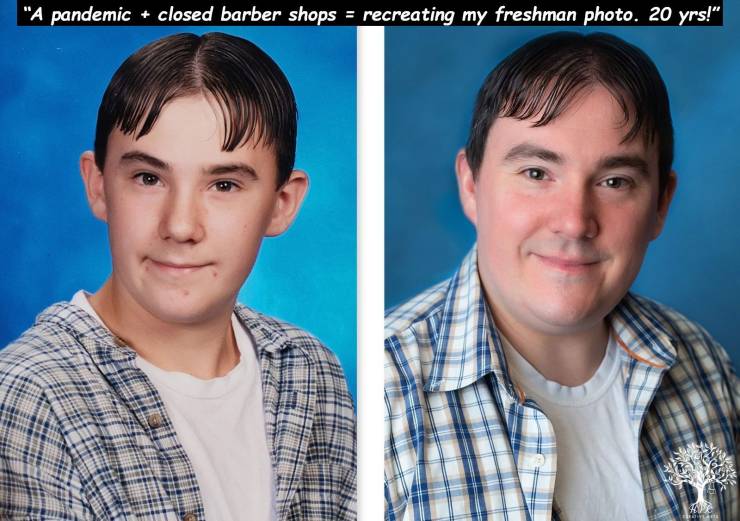 jaw - "A pandemic closed barber shops recreating my freshman photo. 20 yrs!"