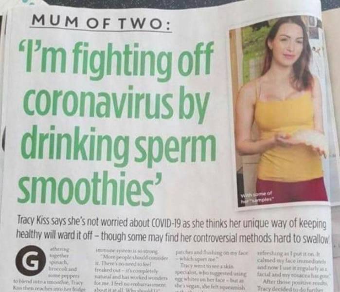 media - Mum Of Two I'm fighting off coronavirus by drinking sperm Tracy Kiss says she's not worried about Covid19 as she thinks her unique way of keeping healthy will ward it off though some may find her controversial methods hard to swallow then m y fath