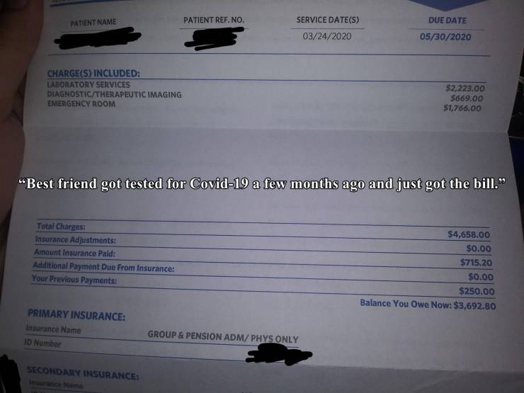 material - Patient Name Patient Ref. No. Service DateS 03242020 Due Date 05302020 ChargeS Included Laboratory Services Diagnostic Therapeutic Imaging Emergency Room $2,223.00 $669.00 $1,766.00 Best friend got tested for Covid19 a few months ago and just g