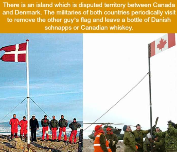 hans island flag - There is an island which is disputed territory between Canada and Denmark. The militaries of both countries periodically visit to remove the other guy's flag and leave a bottle of Danish schnapps or Canadian whiskey.