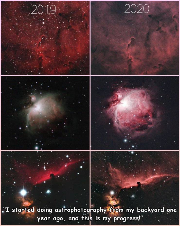 horsehead nebula - 2019, 2020 "I started doing astrophotography from my backyard one year ago, and this is my progress!"
