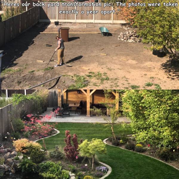 yard - "Heres our back yard transformation pic. The photos were taken exactly a year apart."