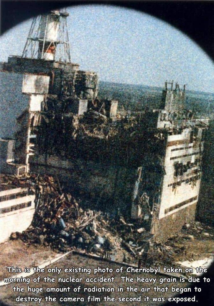 igor kostin - This is the only existing photo of Chernobyl taken on the morning of the nuclear accident. The heavy grain is due to the huge amount of radiation in the air that began to destroy the camera film the second it was exposed.