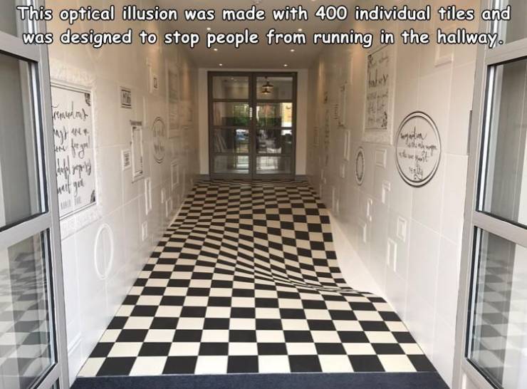 optical illusion floor - This optical illusion was made with 400 individual tiles and was designed to stop people from running in the hallway. forget Wat gat