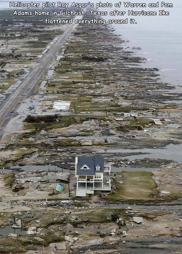 hurricane ike damage - Helicopter pilot Ray Asgar's photo of Warren and Pam Adams home in Gilchrist, Texas after Hurricane Ike flattened everything around it. A 1241