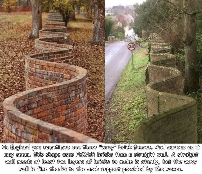 crinkle crankle wall - 30 In England you sometimes see these wavy brick fences. And curious as it may seem, this shape uses Fewer bricks than a straight wall. A straight wall needs at least two layers of bricks to make is sturdy, but the wavy wall is fine