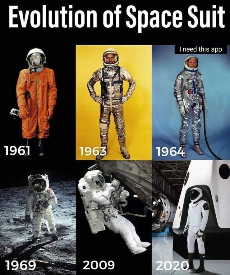 human - Evolution of Space Suit I need this app 1961 1963 1964 1969 2009 20201