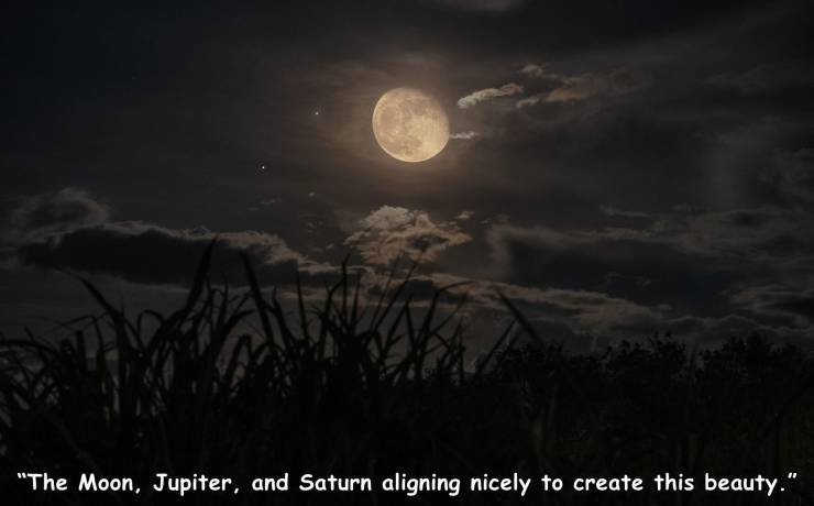 nature - "The Moon, Jupiter, and Saturn aligning nicely to create this beauty."