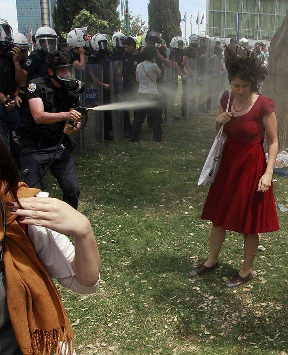 woman in red turkey protest
