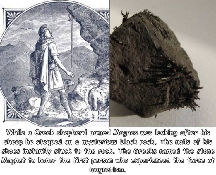 rock - While a Greek shepherd named Magnes was looking after his sheep he stepped on a mysterious black rock. The nails of his shoes instantly stuck to the rock. The Greeks named the stone Magnet to honor the first person who experienced the force of magn