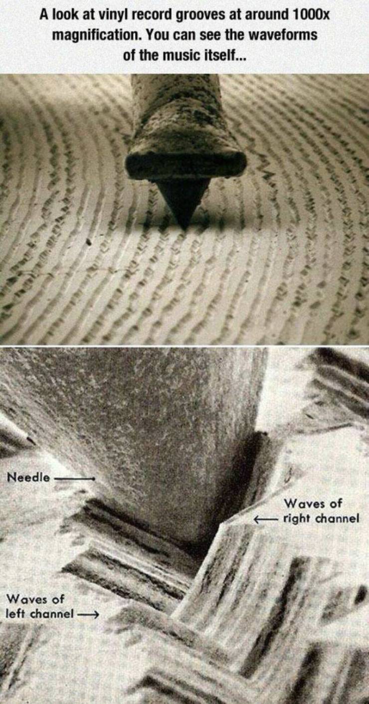 vinyl record up close - A look at vinyl record grooves at around 1000x magnification. You can see the waveforms of the music itself... Needle Waves of right channel Waves of left channel