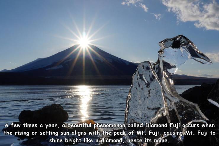 sky - A few times a year, a beautiful phenomenon called Diamond Fuji occurs when the rising or setting sun aligns with the peak of Mt. Fuji, causing Mt. Fuji to shine bright a diamond, hence its name.