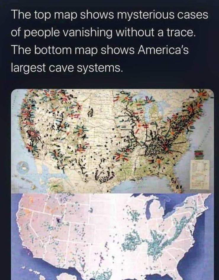 map of people vanishing without a trace - The top map shows mysterious cases of people vanishing without a trace. The bottom map shows America's largest cave systems.