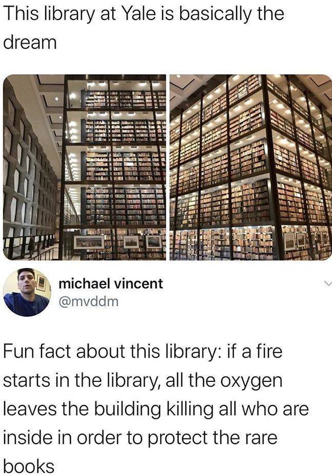 yale library fire oxygen - This library at Yale is basically the dream 16 michael vincent Fun fact about this library if a fire starts in the library, all the oxygen leaves the building killing all who are inside in order to protect the rare books