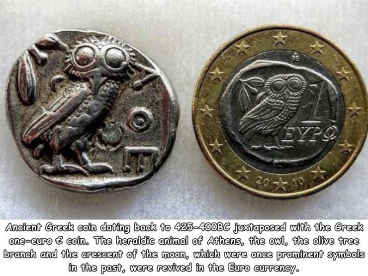 coin - Keyp 203 10 Ancient Greek coin dating back to 425400BC juxtaposed with the Greek oneeuro e coin. The heraldic animal of Athens, the owl, the olive tree branch and the crescent of the moon, which were once prominent symbols in the past, were revived