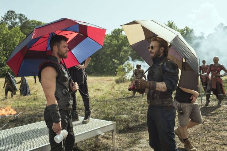 Avengers: Infinity War set two guys holding umbrellas