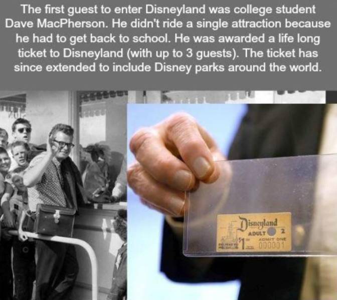The first guest to enter Disneyland was college student Dave MacPherson. He didn't ride a single attraction because he had to get back to school. He was awarded a life long ticket to Disneyland with up to 3 guests. The ticket has since e