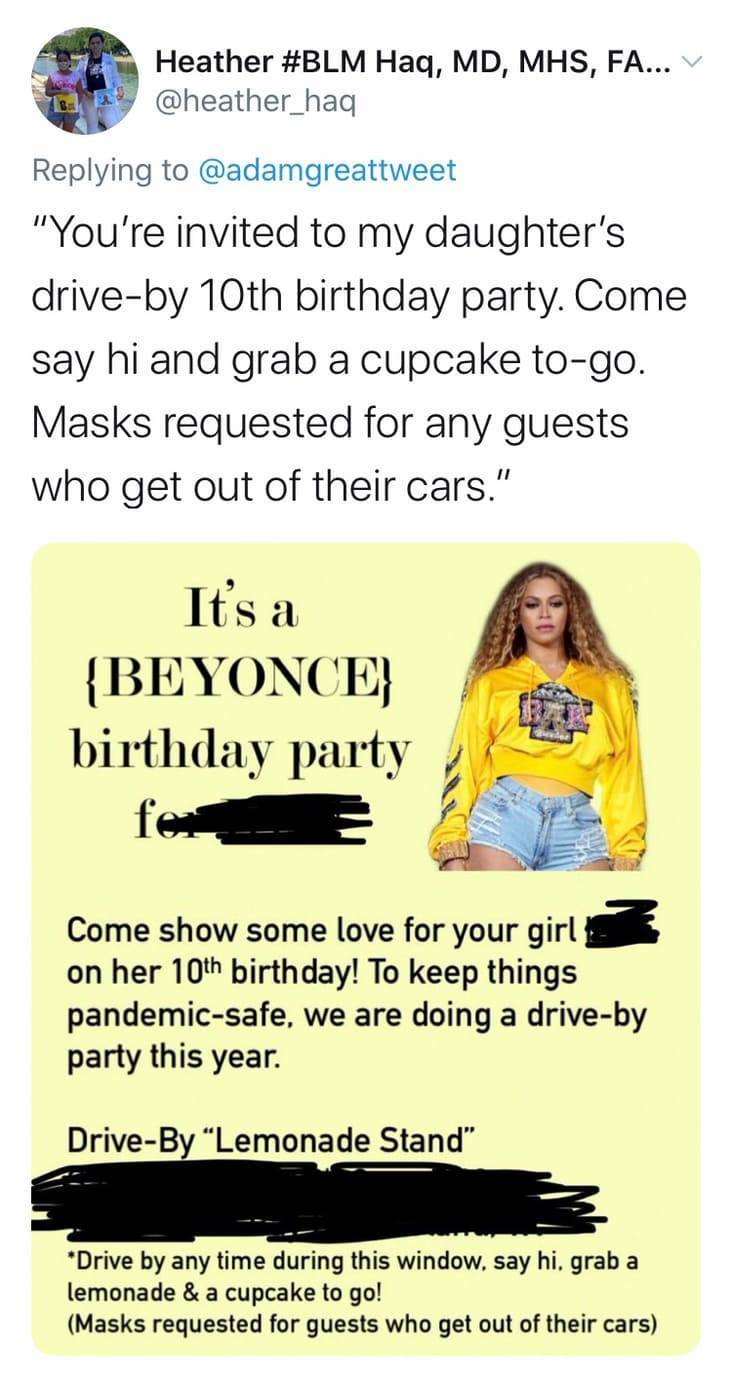human behavior - Heather Haq, Md, Mhs, Fa... V "You're invited to my daughter's driveby 10th birthday party. Come say hi and grab a cupcake togo. Masks requested for any guests who get out of their cars." It's a {Beyonce birthday party fea Come show some 