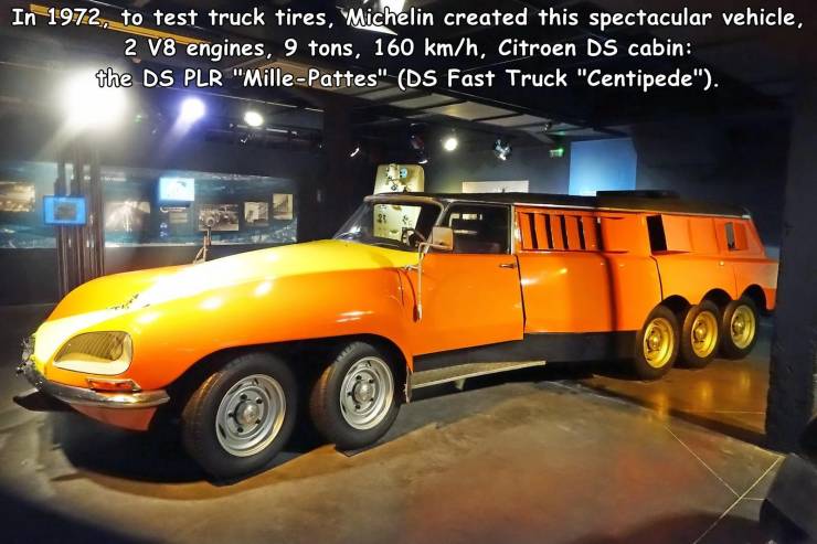 vintage car - In 1972, to test truck tires, Michelin created this spectacular vehicle, 2 V8 engines, 9 tons, 160 kmh, Citroen Ds cabin the Ds Plr "MillePattes" Ds Fast Truck "Centipede".