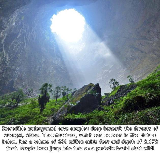 world's largest sinkhole china - Incredible underground cave complex deep beneath the forests of Guangxi, China. The structure, which can be seen in the picture below, has a volume of 236 million cubic feet and depth of 2,172 feet. People base jump into t