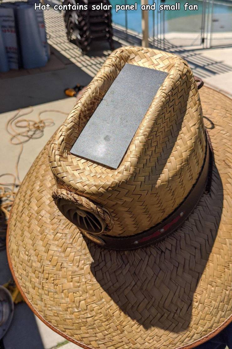 hat - Hat contains solar panel and small fan
