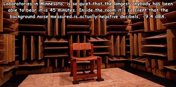 Laboratories in Minnesota, is so quietthat_the longest anybody has been able to bear it is 45 minutes. Insidetheroom it's so silent that the backgroundnoise measuredisactually negative decibels, 9.4 dBA. Tutti